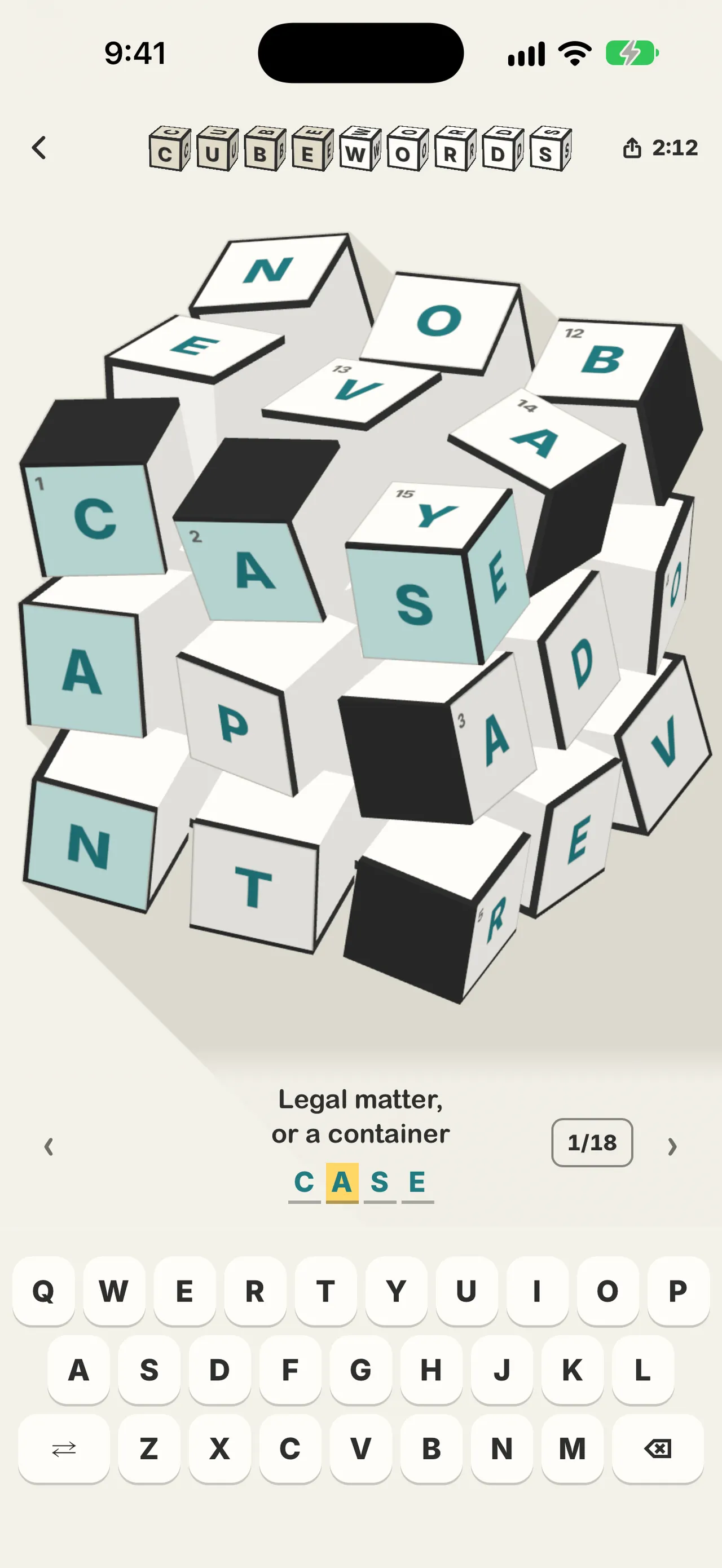 Cubewords on a phone: the solved cube coming apart into separate lettered blocks