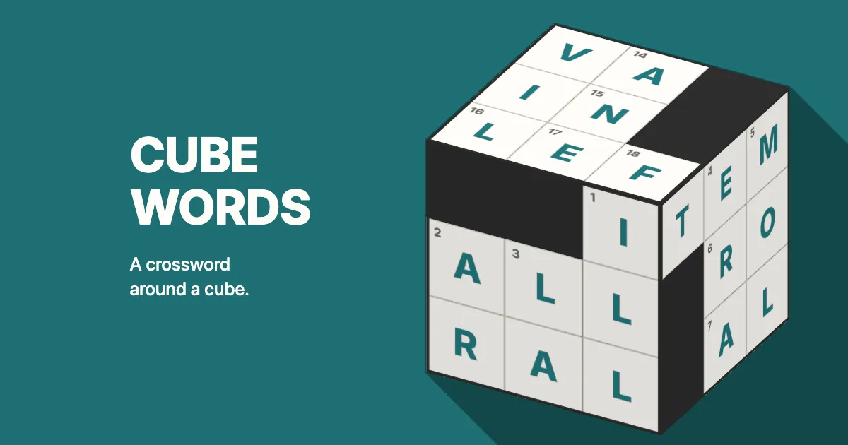 Cubewords title card: a crossword cube with letters filled in on three faces beside the words Cube Words, a crossword around a cube