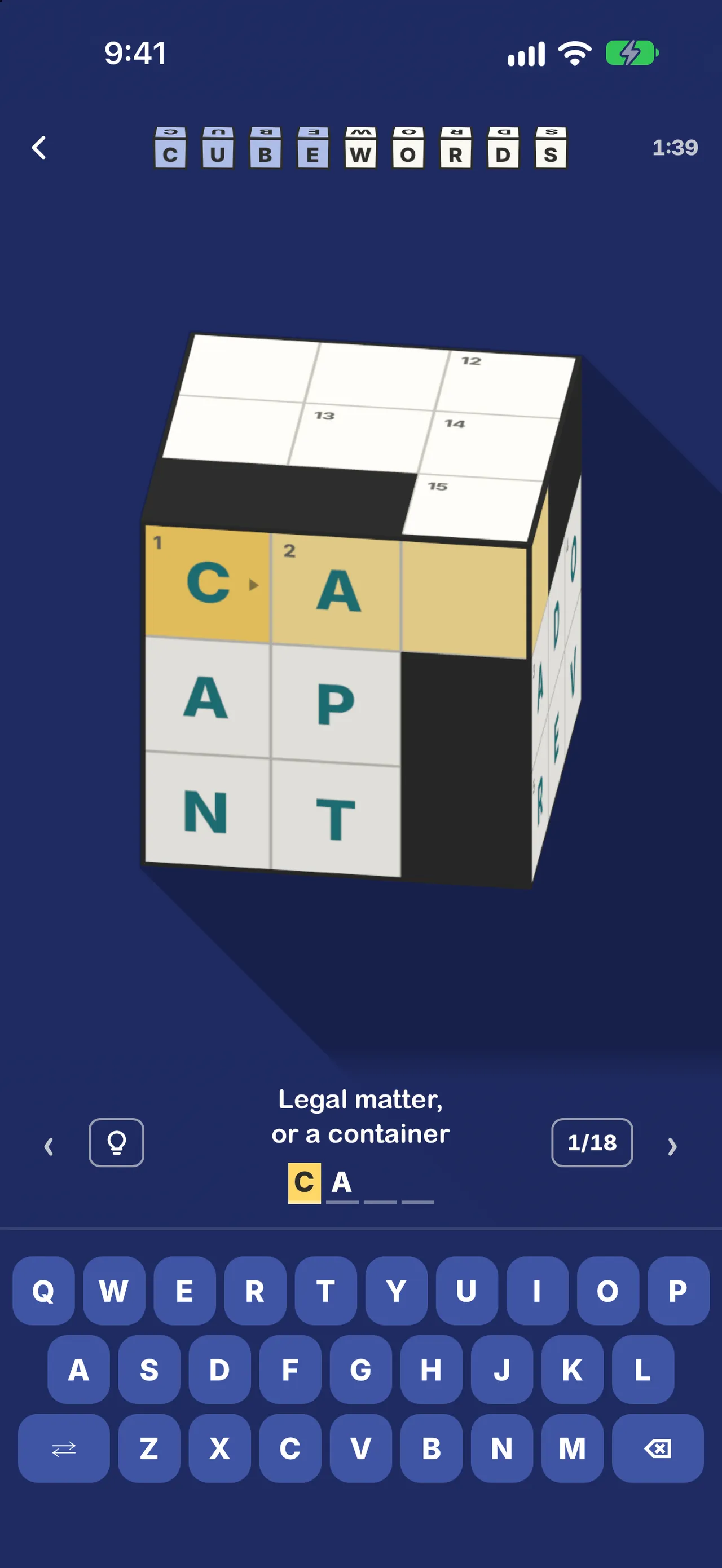Cubewords on a phone: an easy cube with the first answer highlighted and the clue Legal matter, or a container below it