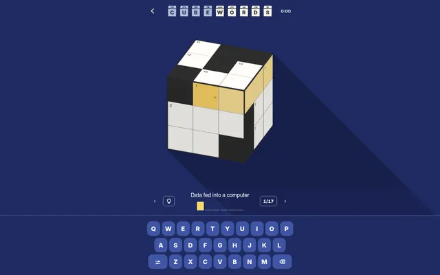 Today's Easy Cubewords cube on 29 October 2026, a 3x3x3 crossword cube with numbered squares and the first clue below it