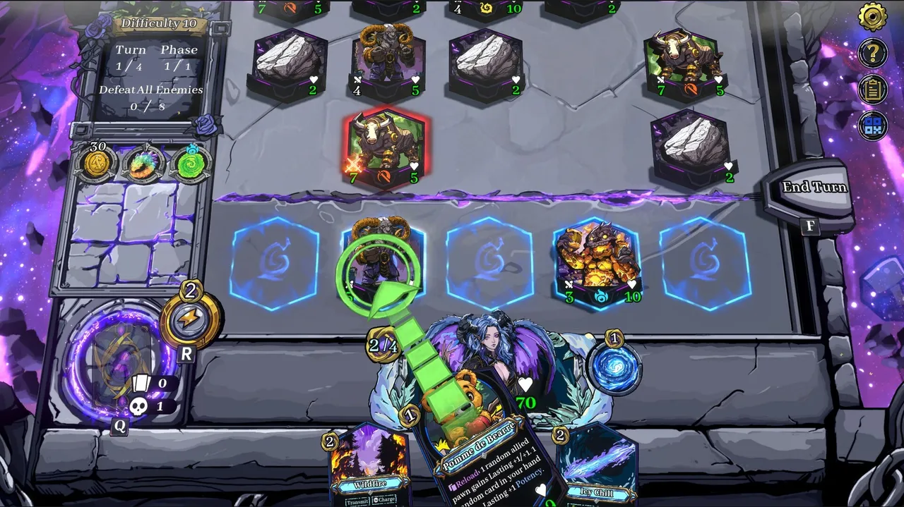 A pawn is placed on a hexagonal slot of the Cubic Cosmos battle grid while enemy units wait across the board