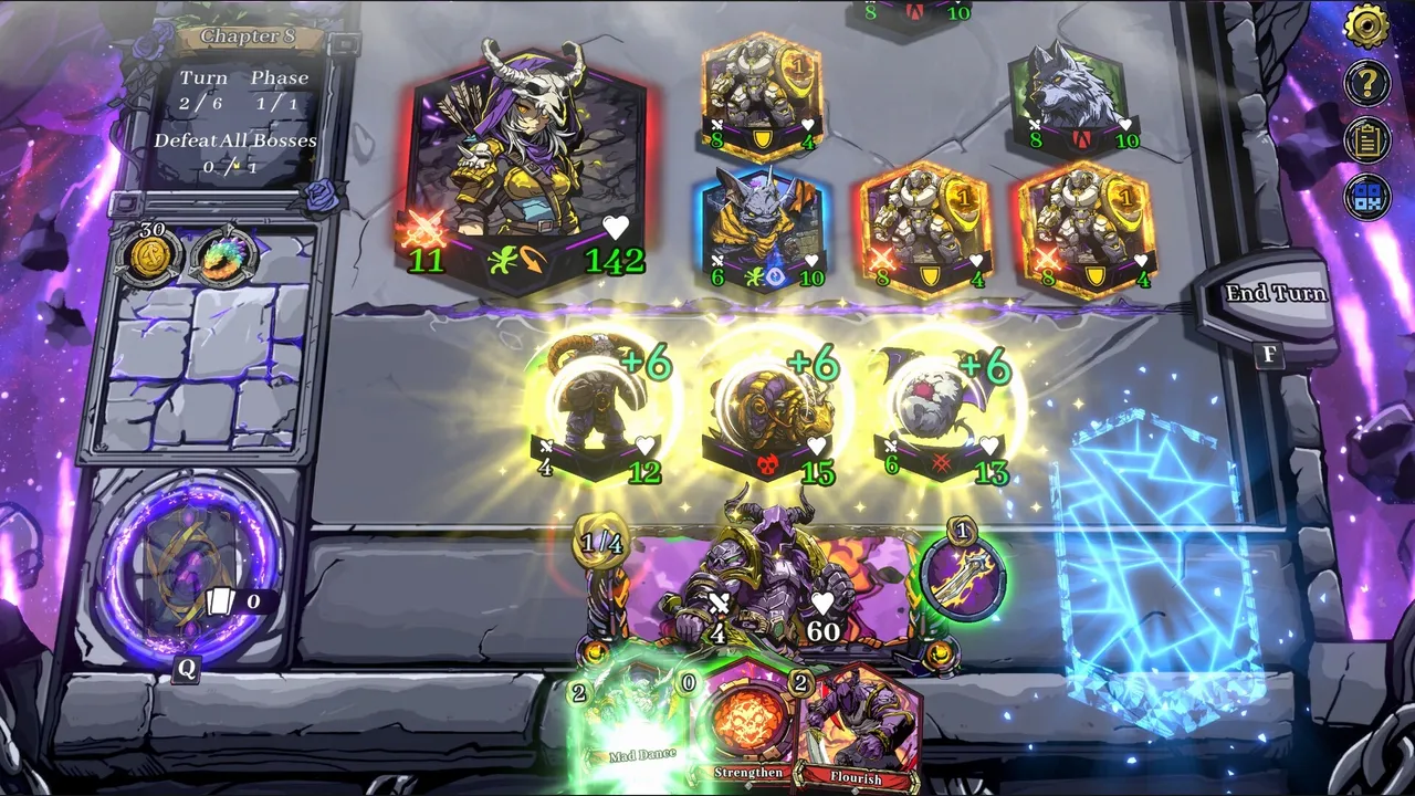 A Cubic Cosmos battle: a hero's pawns gain +6 boosts on the grid in front of a horned boss and its minions