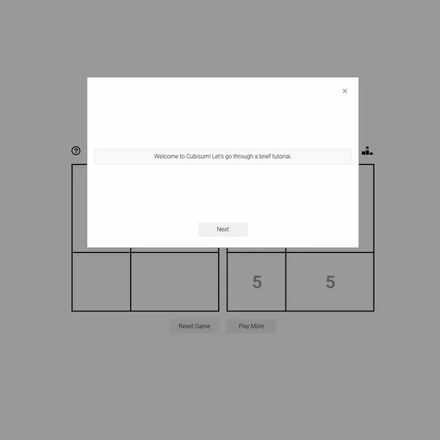 Cubisum board of numbered boxes behind the welcome tutorial window