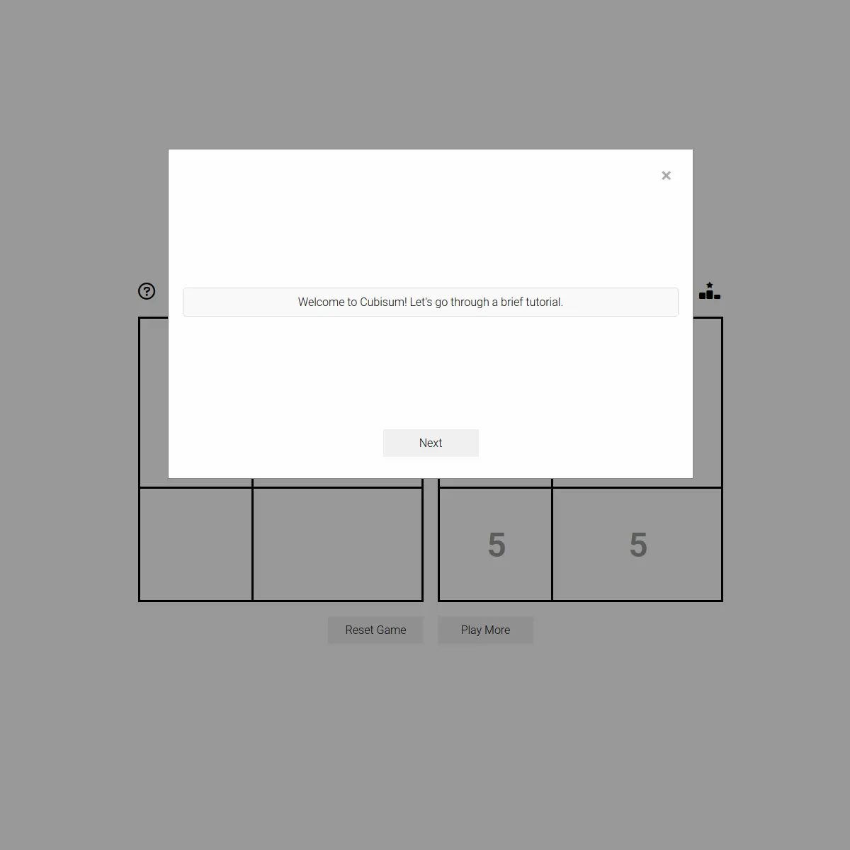 Cubisum board of numbered boxes behind the welcome tutorial window