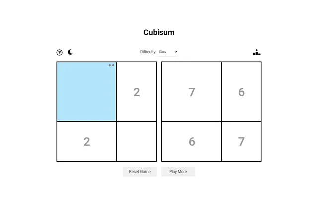 Cubisum's Easy daily board in play: the top left box pressed twice and shaded blue, its neighbours showing 2, beside the target grid of 7, 6, 6 and 7
