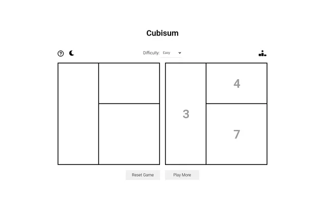 Cubisum's Easy daily board with the tutorial closed: an empty grid of boxes on the left and the target grid with the numbers 3, 4 and 7 on the right, with Reset Game and Play More buttons
