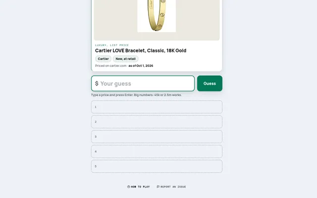 Curator card on mindloftdaily.com: a Cartier LOVE Bracelet in 18K gold at list price, with a price box and five empty guess slots