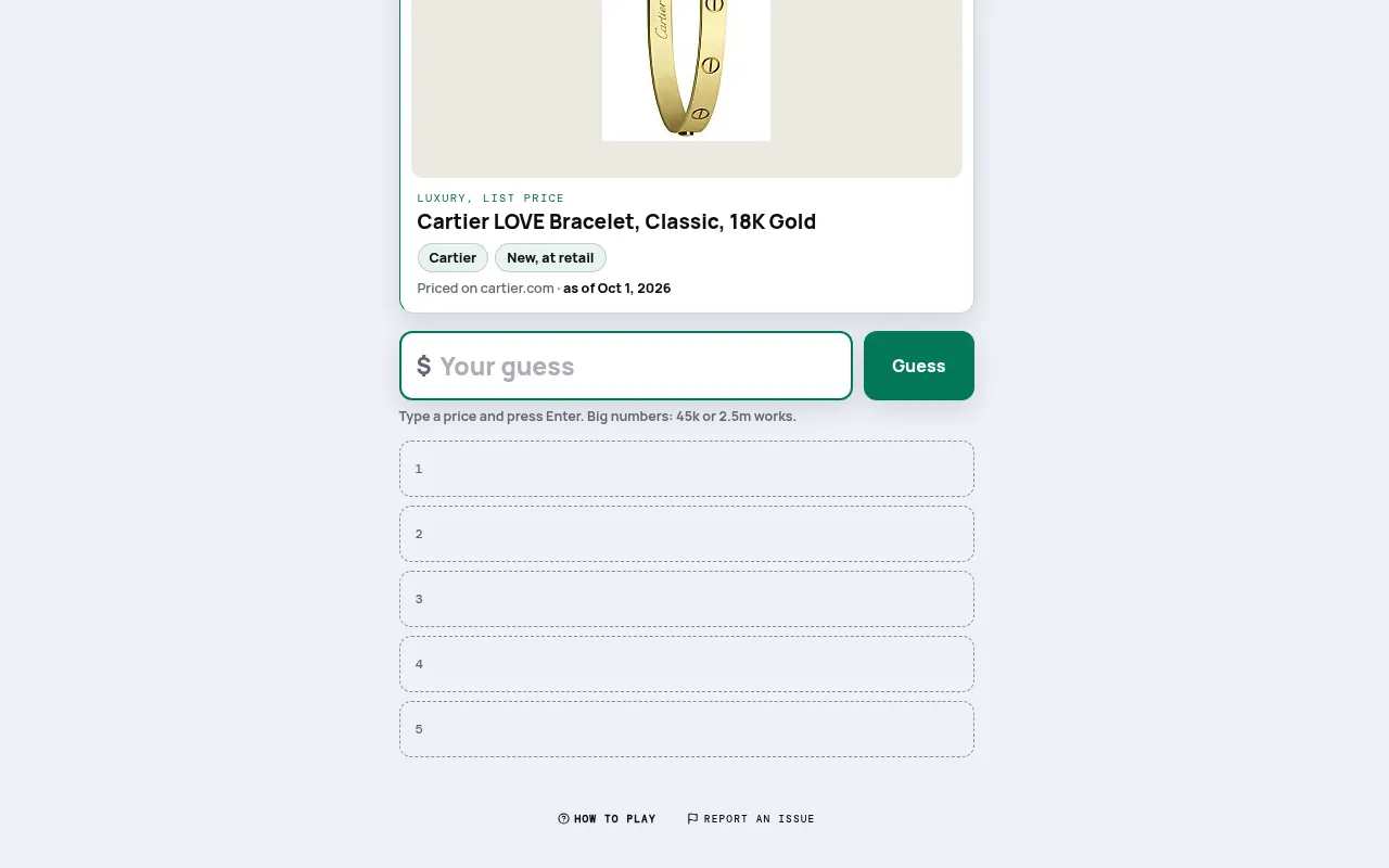 Curator card on mindloftdaily.com: a Cartier LOVE Bracelet in 18K gold at list price, with a price box and five empty guess slots