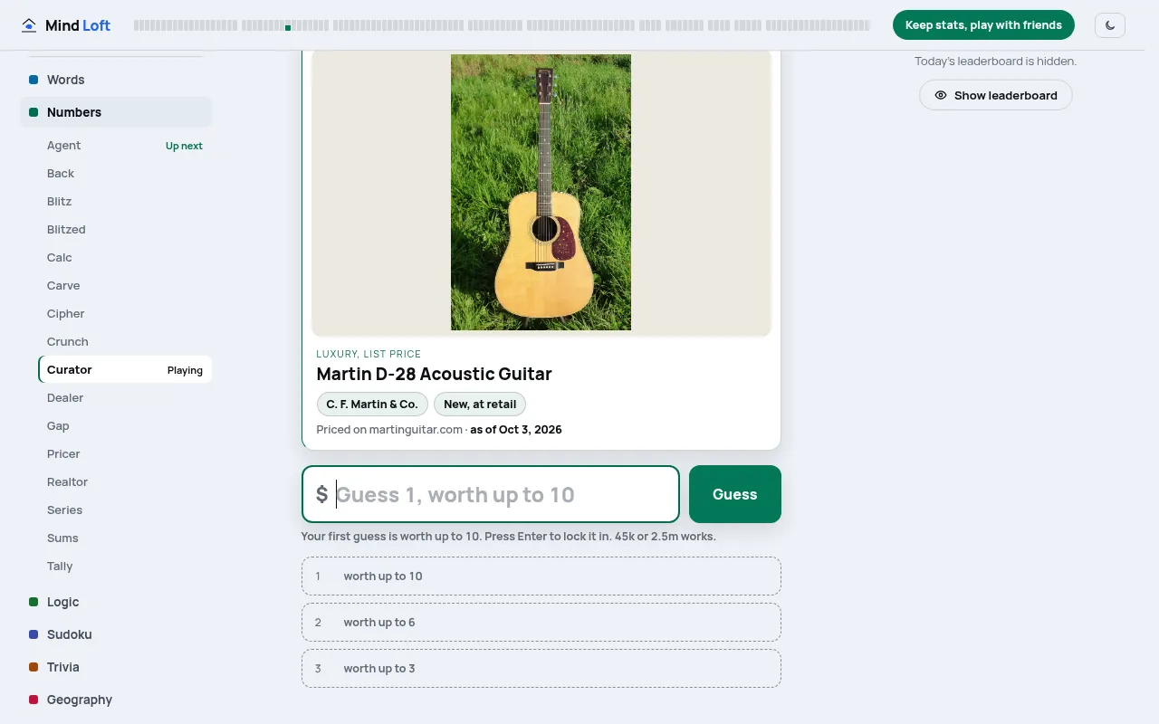 Curator on mindloftdaily.com: a Martin D-28 acoustic guitar at list price, with the guess box and three guesses worth up to 10, 6 and 3
