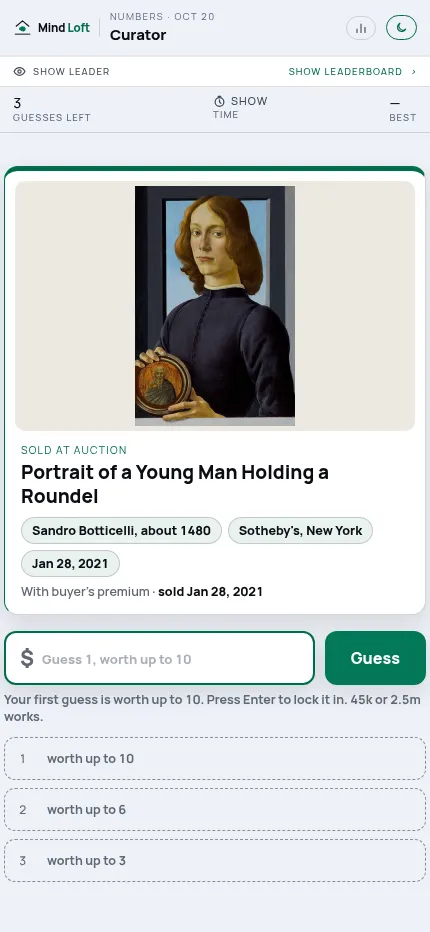 Curator on a phone, 20 Oct 2026: Botticelli's Portrait of a Young Man Holding a Roundel, sold at Sotheby's New York, with the price box and three guesses worth 10, 6 and 3