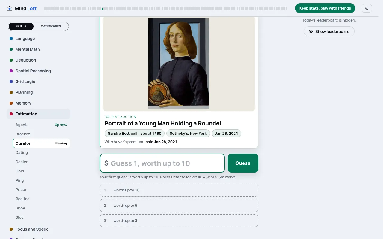 Curator on desktop, 20 Oct 2026: a Botticelli portrait sold at auction in 2021, the price box and the Estimation games list of Mind Loft beside it