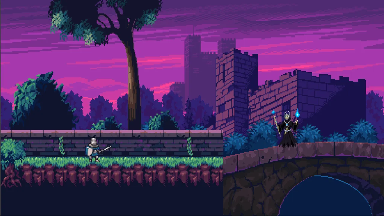 Cursed and Fading: a pixel-art knight with sword and shield on a grassy path facing a robed lich with a staff on a stone bridge before a ruined castle
