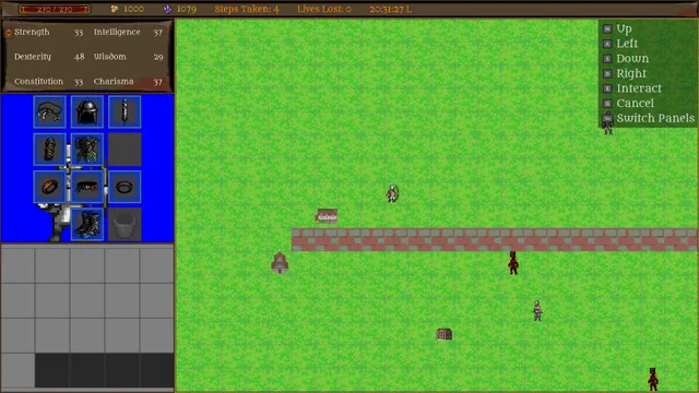 Cursed and Fading: a grassy map with a stone road and figures, a stats panel showing Strength, Dexterity, Constitution, Intelligence, Wisdom and Charisma, an equipment grid and a Steps Taken counter