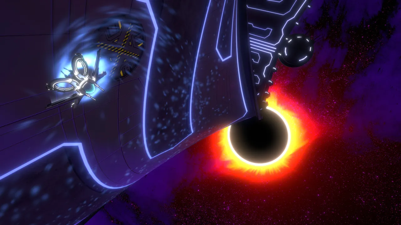 Curved Space ship hovering on a glowing blue curved track that bends past a black hole ringed with orange fire