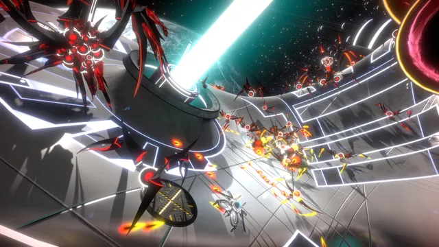 Curved Space ship firing on a curving white arena as red spider-like enemies swarm overhead