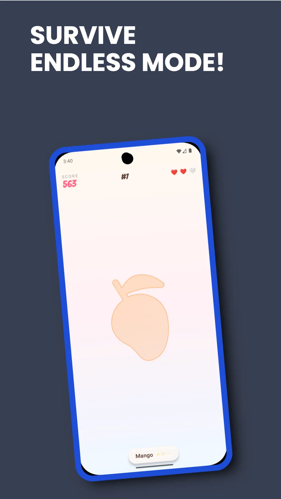 Cut In Half's Endless Mode: a mango shape to cut, with the score and remaining lives at the top