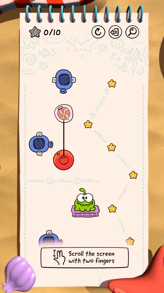 A Cut the Rope Daily level on a notebook page: candy on a rope in a bubble, air cushions, stars and Om Nom waiting below