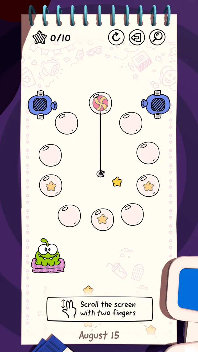Cut the Rope Daily's August 15 level: candy on a rope above a ring of bubbles with stars, two air cushions, and Om Nom waiting at the bottom left of a notebook page