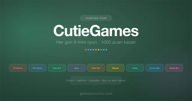 CutieGames title card listing the mini games: TR Kelime, EN Kelime, Ülke Bul, Quiz, Şehir Bul, Bayrak, Globe, Komşu Bul, Kitabı Bul