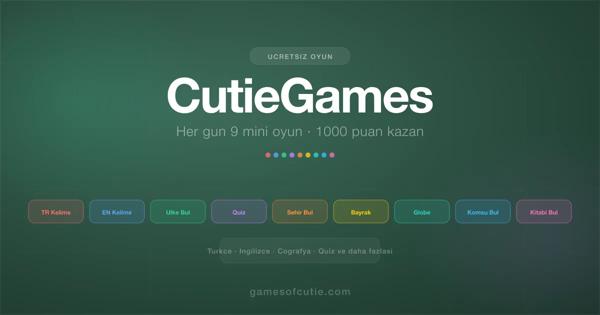 CutieGames title card listing the mini games: TR Kelime, EN Kelime, Ülke Bul, Quiz, Şehir Bul, Bayrak, Globe, Komşu Bul, Kitabı Bul