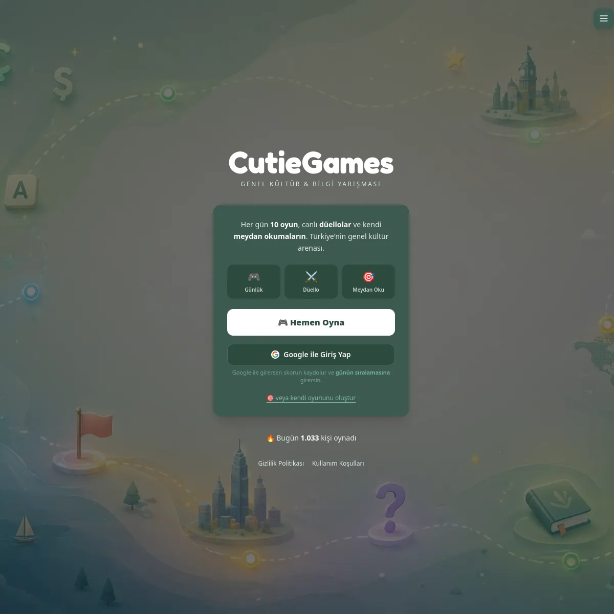 CutieGames home screen with Günlük, Düello and Meydan Oku modes and the Hemen Oyna button