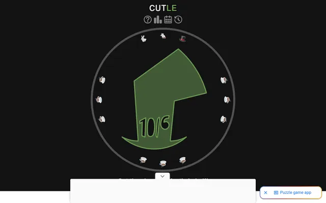 Cutle's daily shape, a green hatter's top hat marked 10/6, inside a circle ringed with teacups, a rabbit, a mouse and a hat, waiting to be cut in half