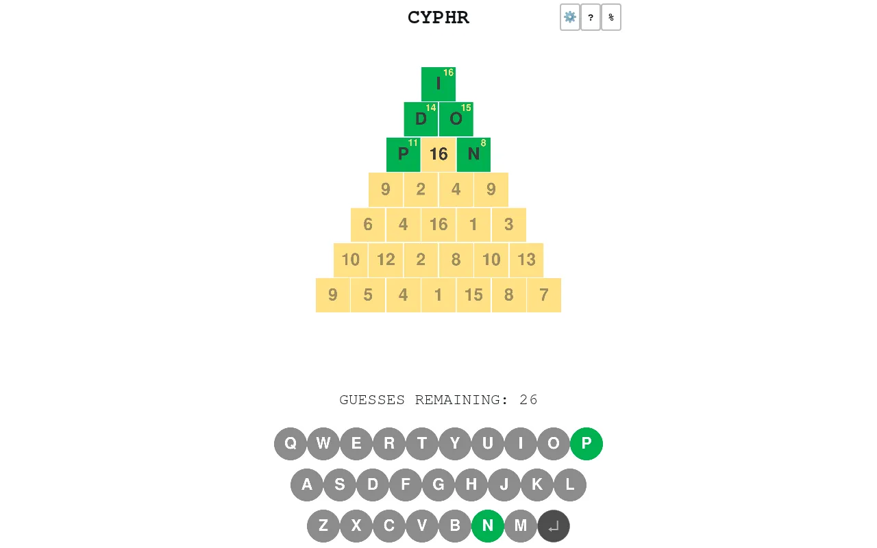 Cyphr's daily pyramid of numbered tiles on a desktop, the top rows I and DO solved in green and the third word in progress, with 26 guesses remaining above the keyboard
