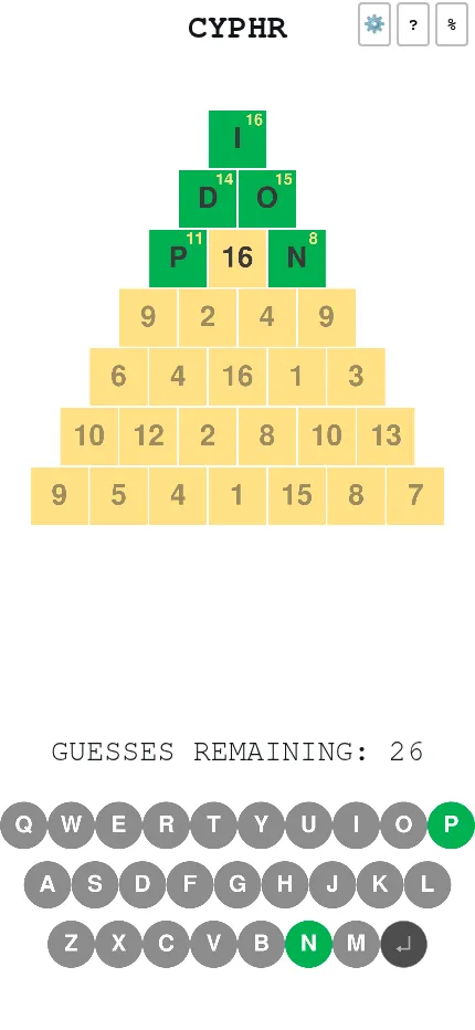 Cyphr on a phone: the same seven-row pyramid of number tiles with the first words solved and the round letter keyboard below