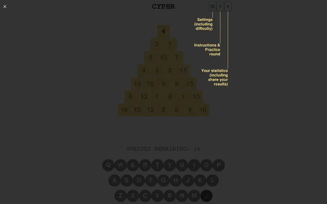 Cyphr's daily board: a pyramid of numbered tiles, each number standing for a letter, with 26 guesses remaining and the keyboard below, under a first-visit overlay labelling settings, instructions and