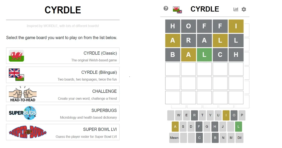 Cyrdle: the board menu (Classic, Bilingual, Challenge, Superbugs, Super Bowl) beside a game in progress with guesses HOFFI, ARALL and BALCH and the Welsh keyboard