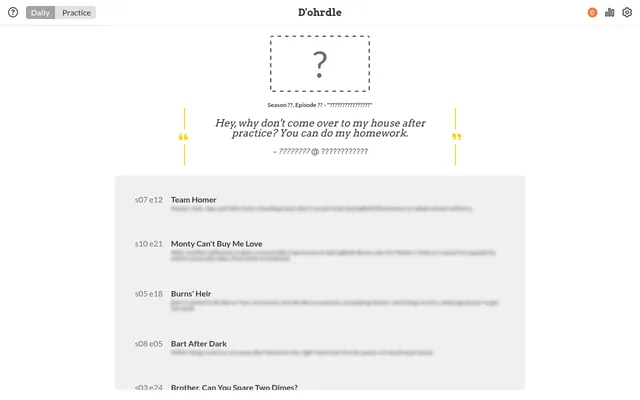 D'ohrdle's daily puzzle: a hidden episode box, the quote Hey, why don't come over to my house after practice? You can do my homework, and a list of Simpsons episodes to pick from