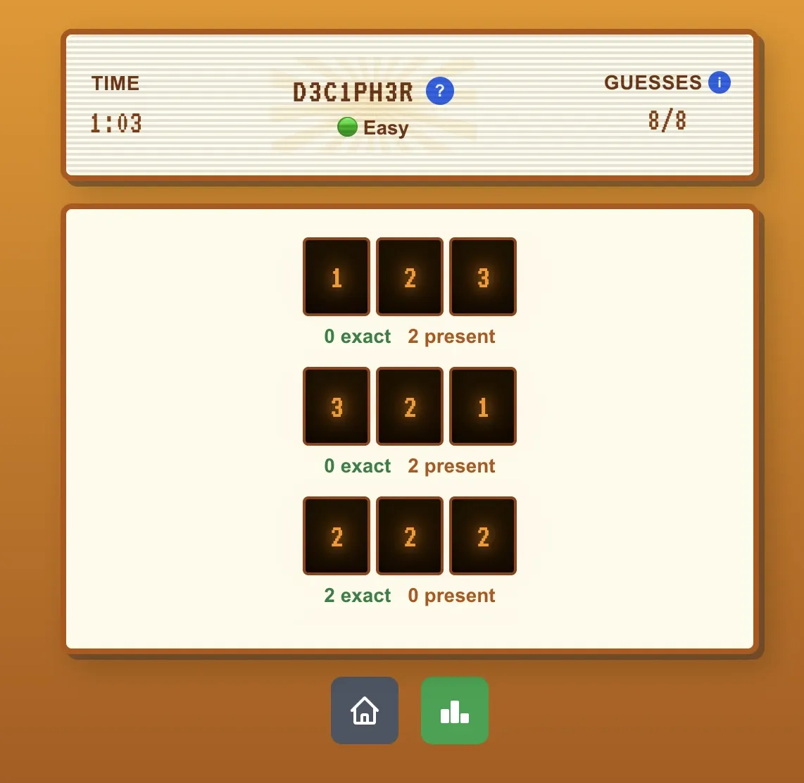 A D3C1PH3R board on Easy: three 3-digit guesses with their exact and present counts, the clock at 1:03 and 8 guesses, from Listdle's own screenshot