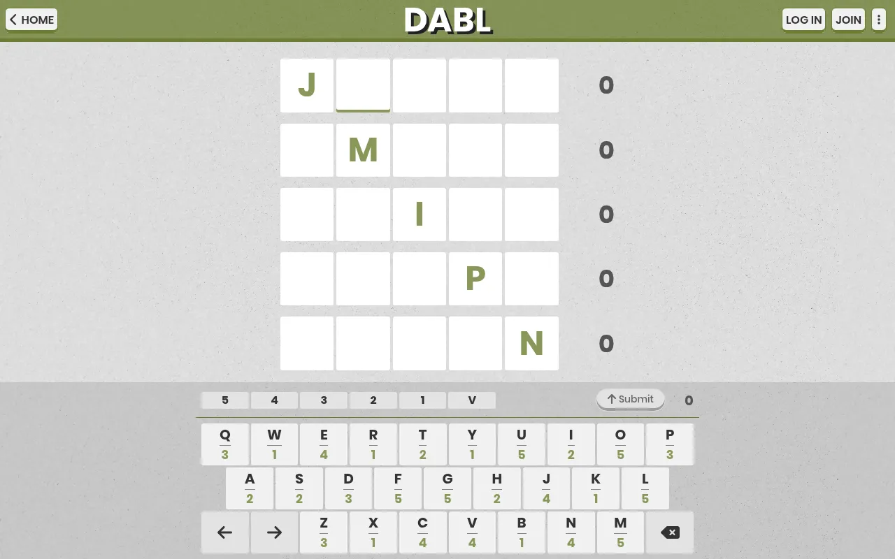 The DABL board for October 18, 2026: five rows of five tiles with the given letters J, M, I, P and N, and a keyboard showing each letter's point value for the day