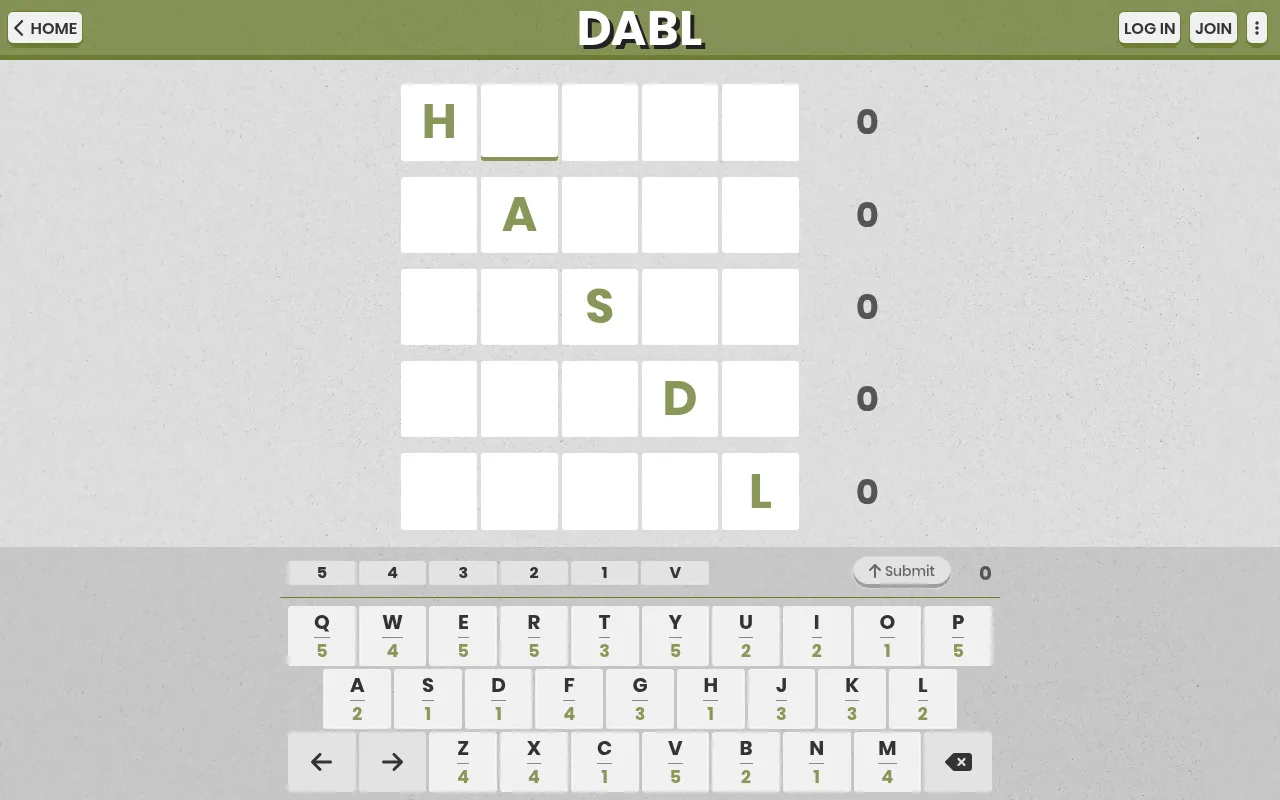 The DABL board for October 16, 2026 in Go High mode: five rows of five tiles with the given letters H, A, S, D and L, and a keyboard showing each letter's point value for the day