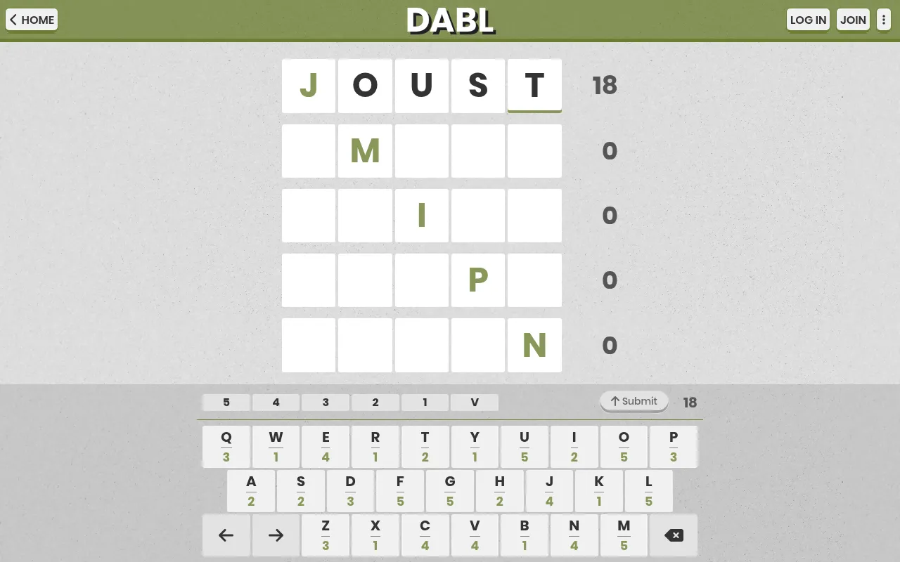 DABL on October 18, 2026 with the first word JOUST written around the given J and scored 18 points