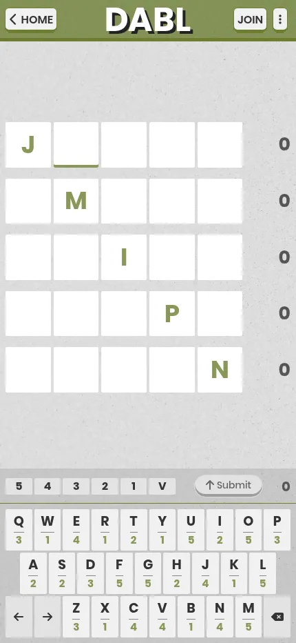 The DABL board for October 18, 2026 at phone size, with the five rows of given letters and the scored keyboard below