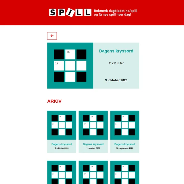 Dagbladet SPILL portal showing Dagens kryssord, an 11x11 crossword (11x11 ruter) dated 3. oktober 2026, with a grid thumbnail and an ARKIV of earlier dated crosswords below (2. oktober, 1. oktober, 30