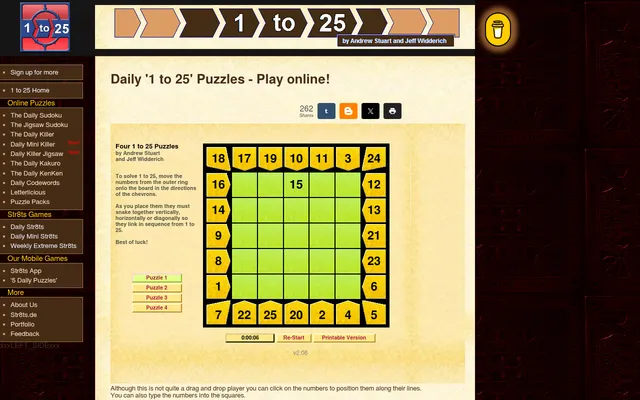 Today's Daily 1 to 25 Puzzle 1 on str8ts.com: a green 5x5 board with 15 placed, ringed by yellow numbered chevrons, with Puzzle 1 to 4 buttons and a timer