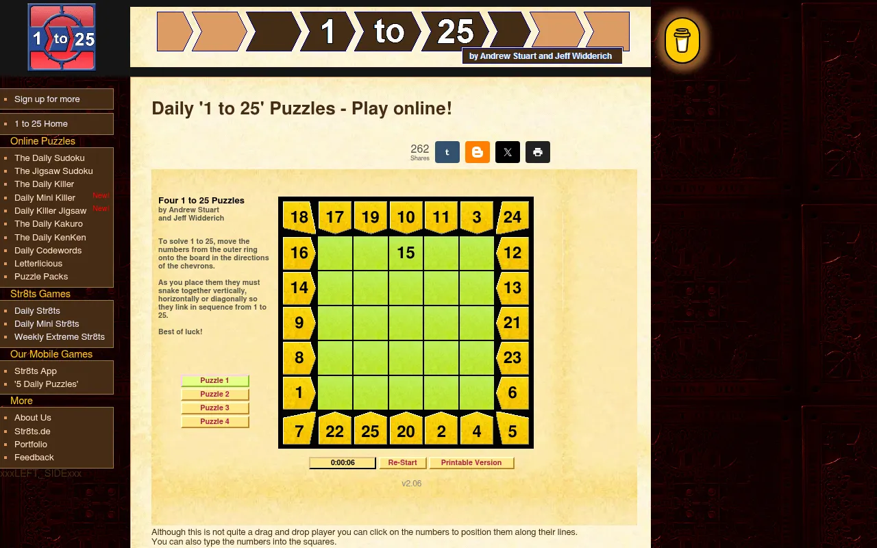 Today's Daily 1 to 25 Puzzle 1 on str8ts.com: a green 5x5 board with 15 placed, ringed by yellow numbered chevrons, with Puzzle 1 to 4 buttons and a timer