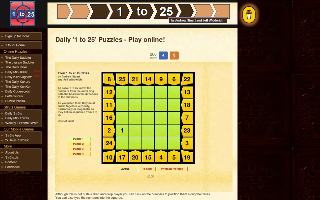 Daily 1 to 25 page: a 5x5 green board with 1 placed, surrounded by a ring of yellow numbered chevrons, with buttons for Puzzle 1 to Puzzle 4 and a timer