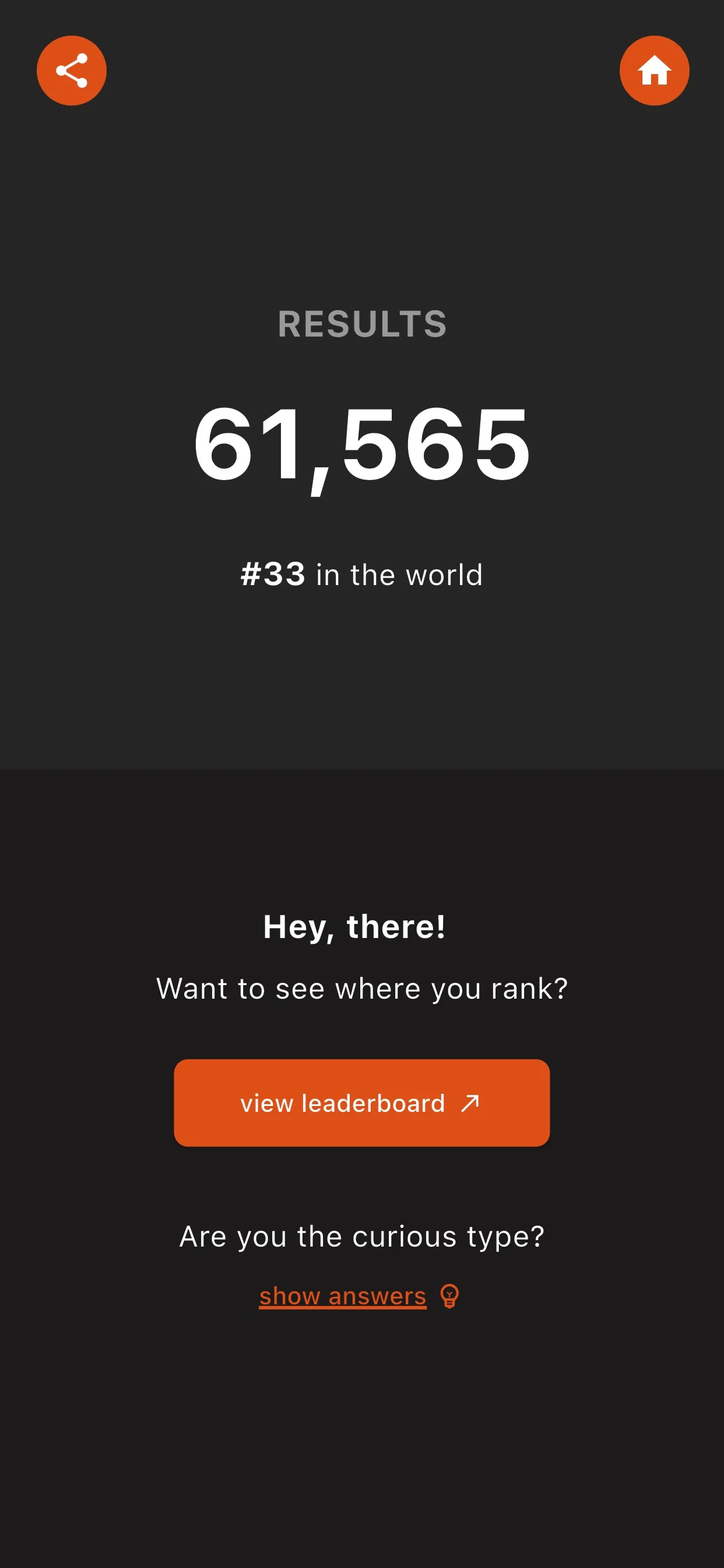 Daily 5 Trivia results screen with a score of 61,565 ranked 33rd in the world, a leaderboard button and a link to show the answers