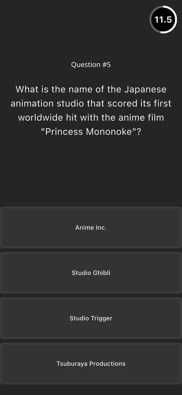 Daily 5 Trivia board: question 5 of a 1990s Movies quiz, about the studio behind Princess Mononoke, with four answer buttons and a countdown timer at 11.5 seconds