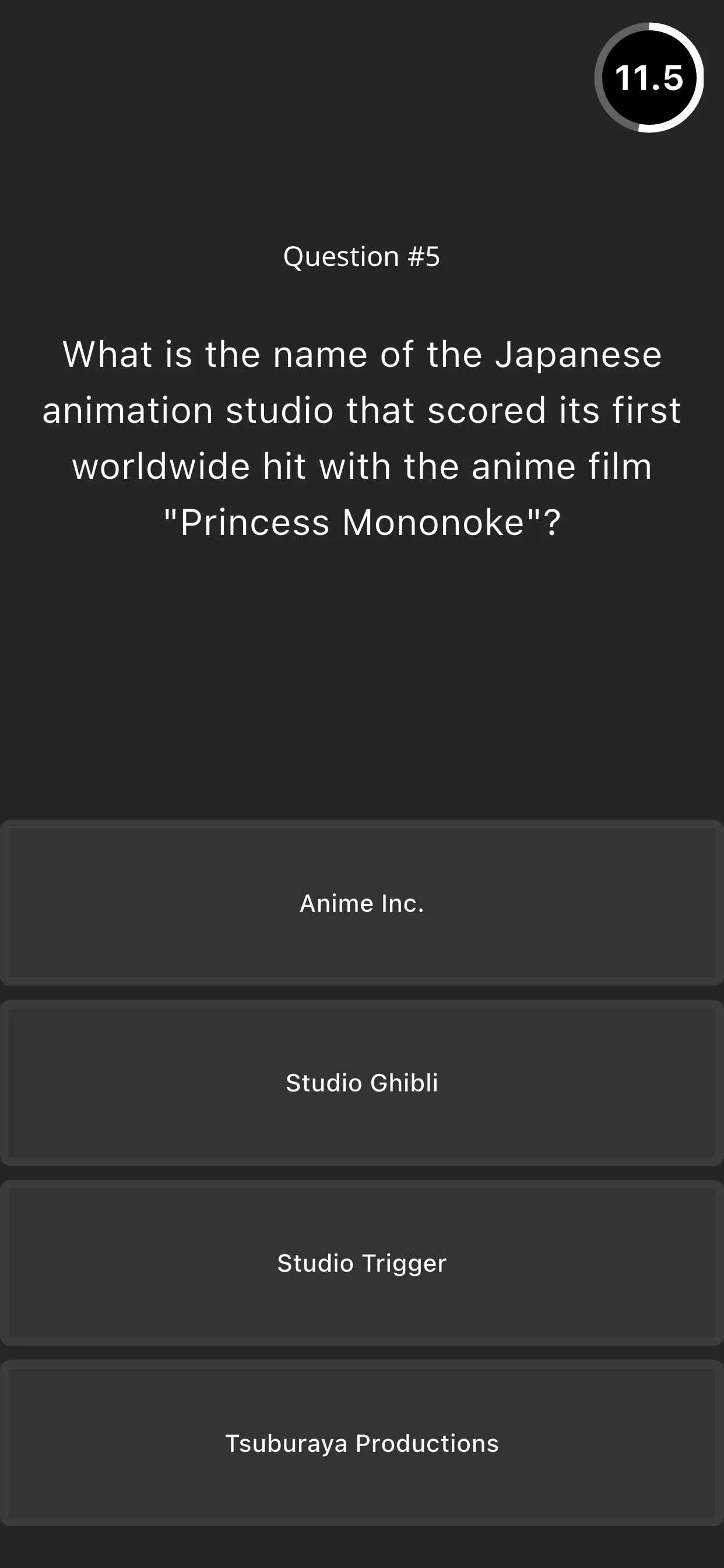 Daily 5 Trivia board: question 5 of a 1990s Movies quiz, about the studio behind Princess Mononoke, with four answer buttons and a countdown timer at 11.5 seconds