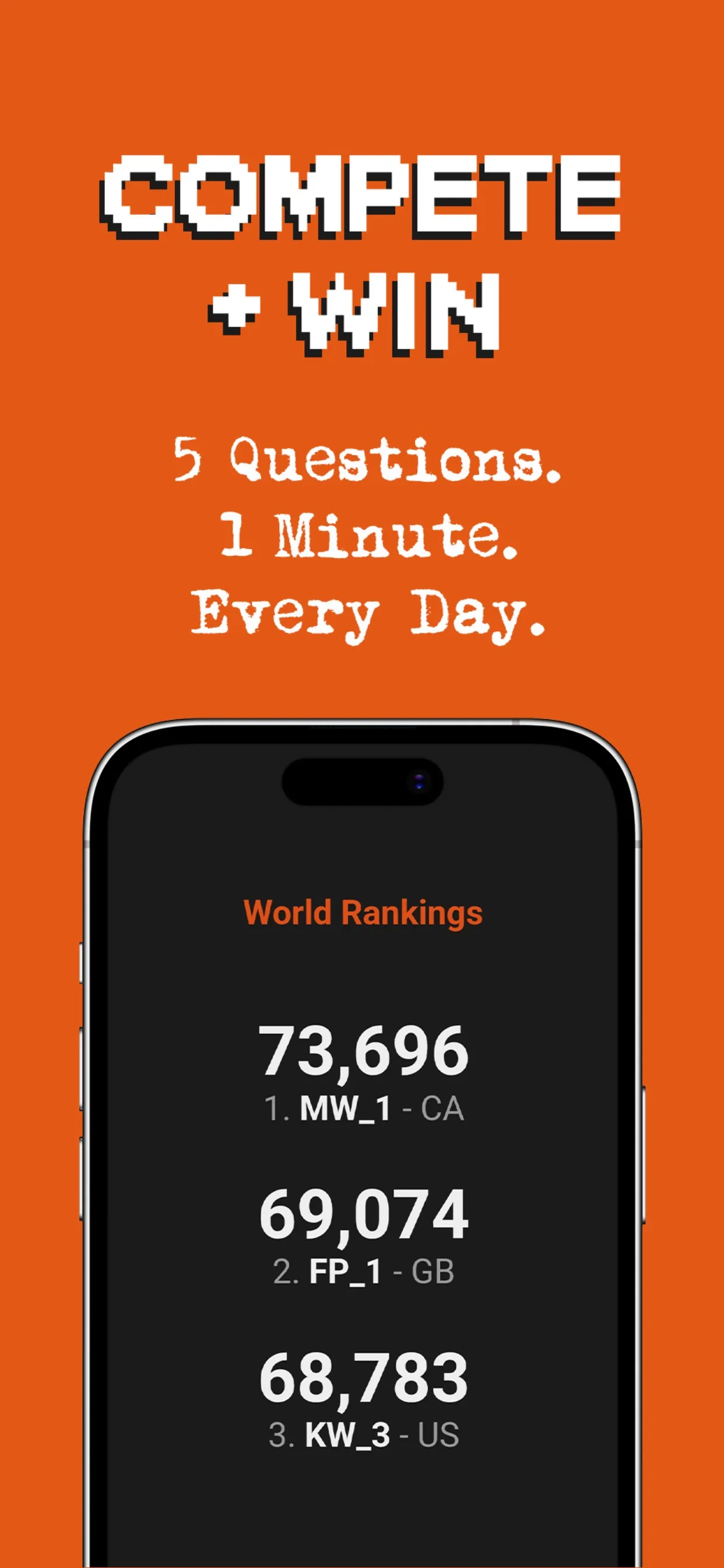 Compete and win screen showing World Rankings with top scores and country codes
