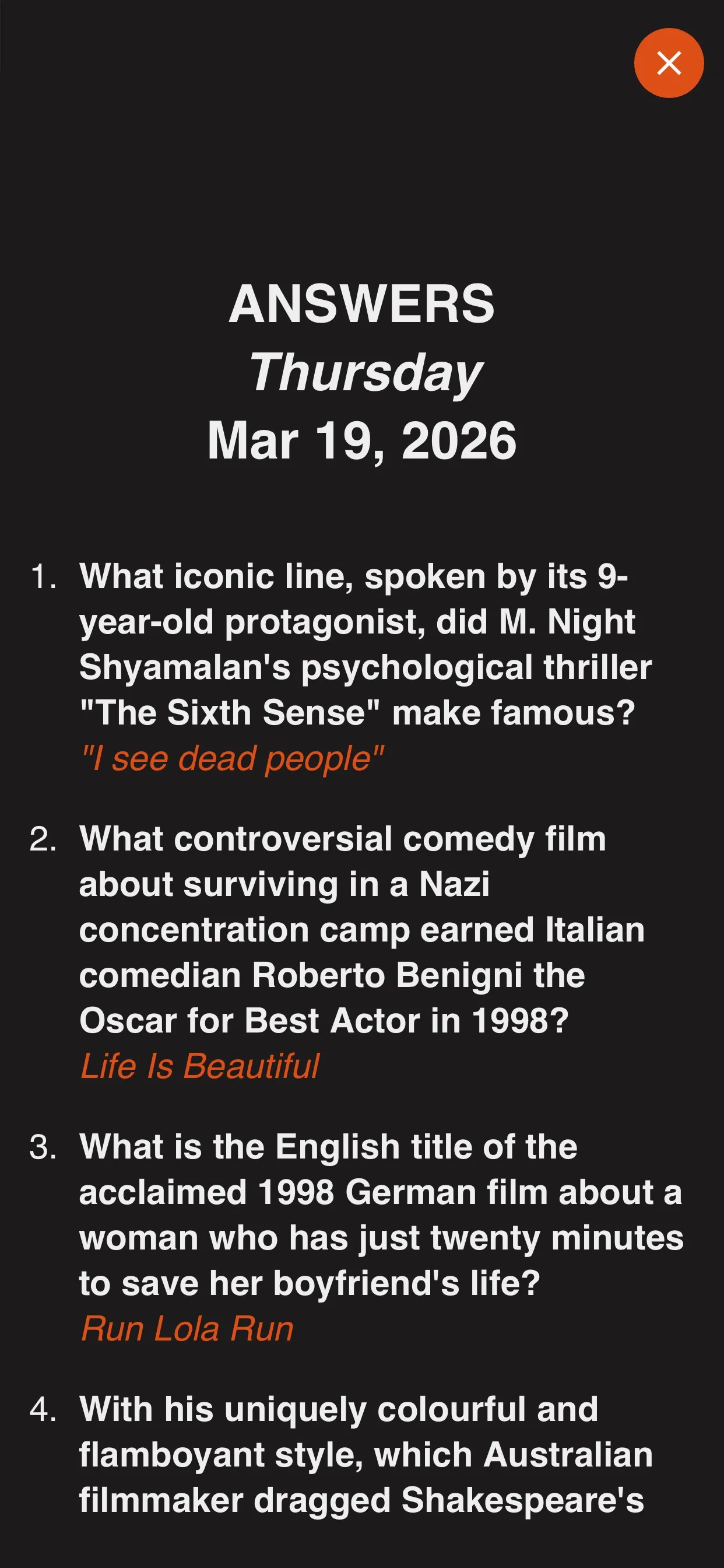 Daily 5 Trivia answers screen for a 1990s Movies quiz, listing each question with its correct answer in orange