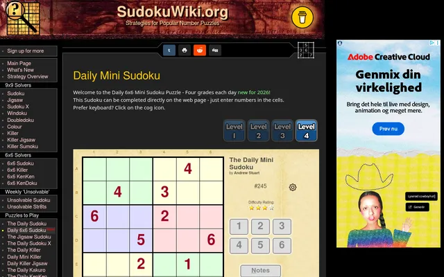 SudokuWiki Daily Mini Sudoku #245: a 6x6 grid with coloured 2x3 boxes and given digits, Level 1 to 4 buttons, a three-star difficulty rating and a 1 to 6 number pad; an ad sits at the right