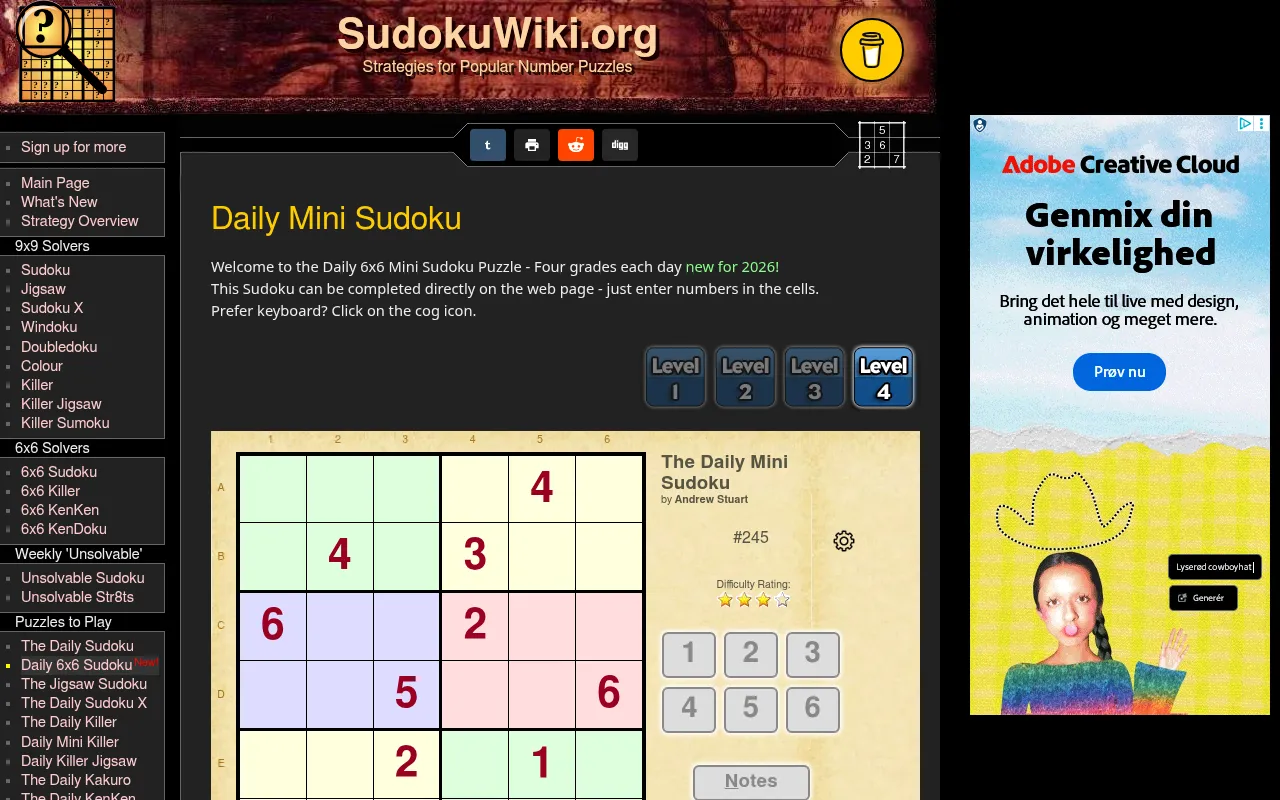 SudokuWiki Daily Mini Sudoku #245: a 6x6 grid with coloured 2x3 boxes and given digits, Level 1 to 4 buttons, a three-star difficulty rating and a 1 to 6 number pad; an ad sits at the right