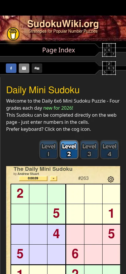 The Daily Mini Sudoku #263 at phone size: Level buttons above the 6x6 grid with a running timer and the settings cog