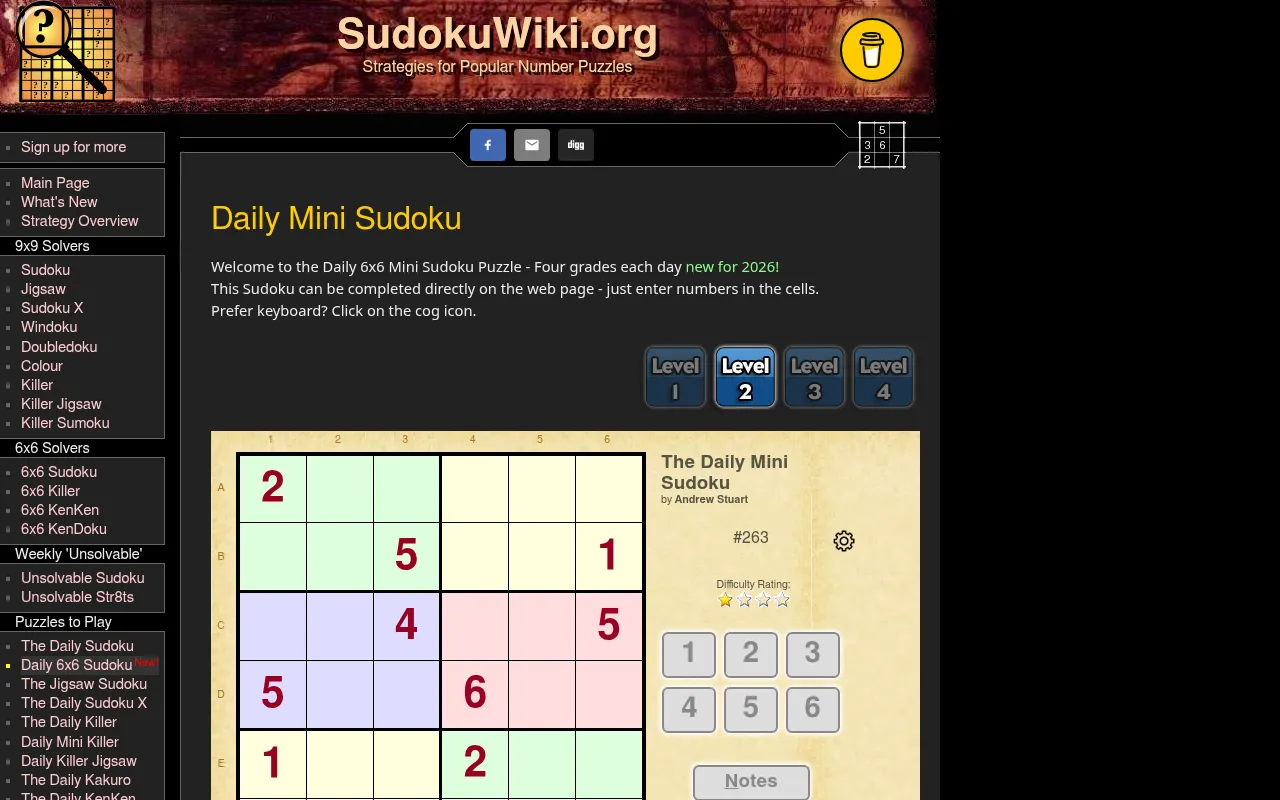 SudokuWiki Daily Mini Sudoku #263: a 6x6 grid with coloured 2x3 boxes and given digits, Level 1 to 4 buttons, a one-star difficulty rating and a 1 to 6 number pad