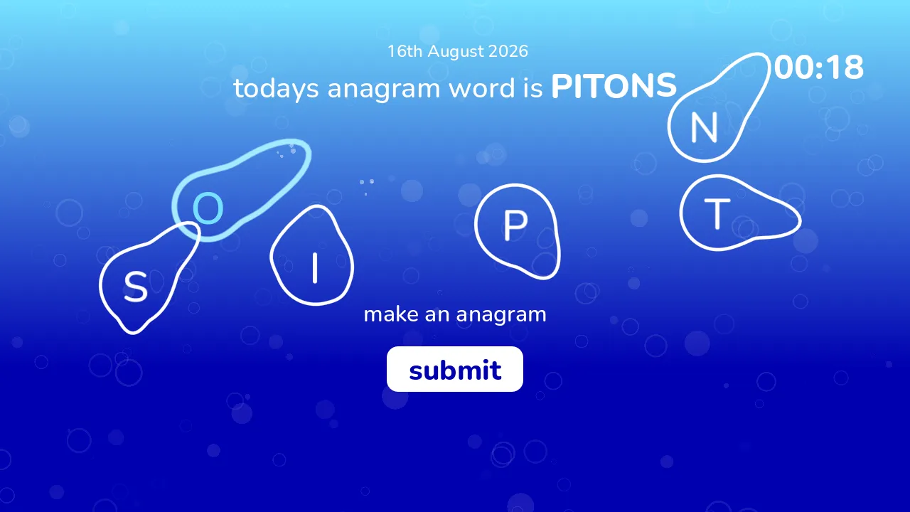 Daily Anagram with the word PITONS: its letter bubbles stretched and scattered over the blue background as they are moved, timer at 00:18